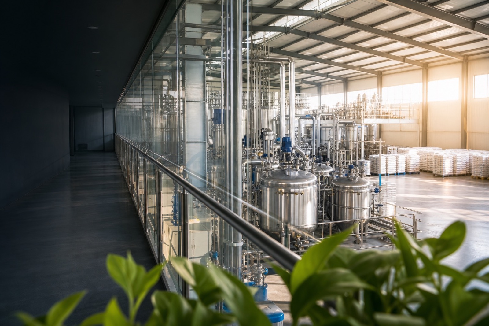 Modern micronutrient fertilizer production facility with crop leaves